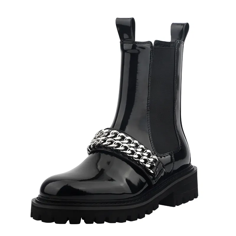 Chelsea short boots women's 2021 winter velvet chain leather patent leather thick heel thick bottom velvet Martin boots