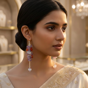 Boucles d'oreilles pendantes en argent 925 avec améthyste et pompons, style bohème, bijoux de mariage du Rajasthan pour femmes - Product Image 4