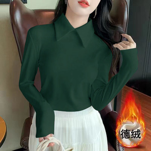 Polo Collar Fleece Warm Long Sleeve Base <b>Layer</b> <b>Top</b> Women Autumn Winter Innerwear Solid Color Stand Collar Off White Black - Product Image 4