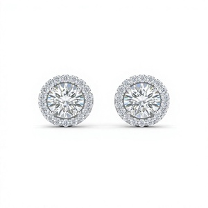 Boucles d'oreilles clous solitaires en diamant avec halo rond, monture cercle amovible, plaqué or 18K 14K, pavé de diamants - Product Image 1