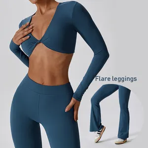 Sexy fashionable front twist long sleeve workout top flare leggings Gym workout Suit For Women Sport Wear Gym Fitness Set