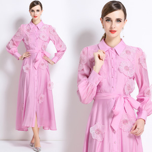 Vestido Camisero de Manga Larga <span class=keywords><strong>con</strong></span> Estampado Floral Blanco para Mujer, <span class=keywords><strong>con</strong></span> Cinturón, <span class=keywords><strong>Falda</strong></span> Larga Elegante en Línea A, Adecuado para Ocasiones Formales - Product Image 4