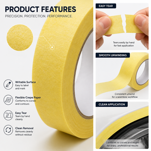 Cinta de <span class=keywords><strong>Papel</strong></span> <span class=keywords><strong>para</strong></span> Enmascarar en Varios Tamaños, Color Amarillo, <span class=keywords><strong>para</strong></span> Pintar Automóviles, Recortes, Trabajos de Carrocería, 10 mm, 38 mm - Product Image 3