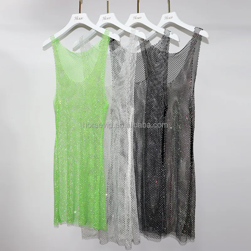 فستان شفاف موديل رقم HM025، بحجر الراين شبكة ملابس السباحة الصغيرة، يغطي البيكيني، شبكة لامعة كاجوال، ملابس الشاطئ والحفلات