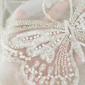 DELACE butterfly figure beaded sequin with pearls applique for weddingveils & dress