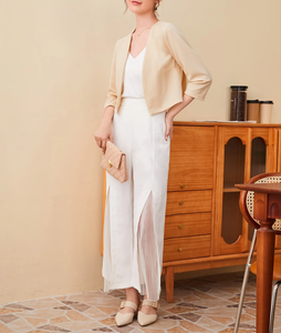 Giacca Elegante <span class=keywords><strong>da</strong></span> Donna Color Albicocca, Senza Colletto, Manica 3/4, Aperta sul Davanti, per Ufficio e Business - Product Image 4