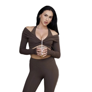 Haut de yoga pour <span class=keywords><strong>femme</strong></span>, très élastique, séchage rapide, sensation seconde peau, pour le sport <span class=keywords><strong>et</strong></span> le fitness, uni, tendance, simple, torsadé, polyvalent - Product Image 1