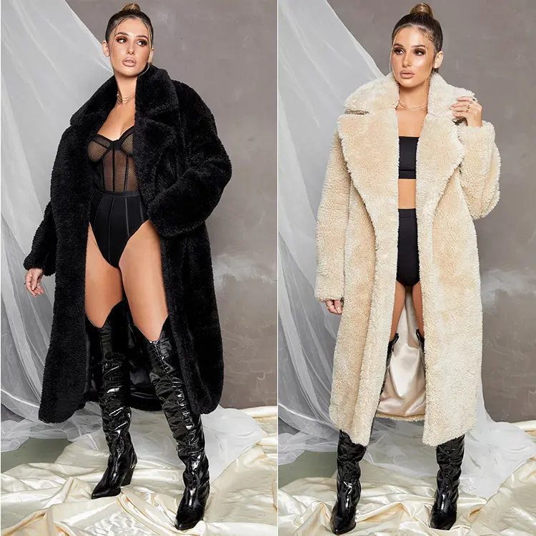 Jaket Bulu Domba Halus Wanita, Mantel Kardigan Panjang Depan Terbuka, Jaket Luaran Bulu Palsu Hangat Musim Dingin dengan Saku