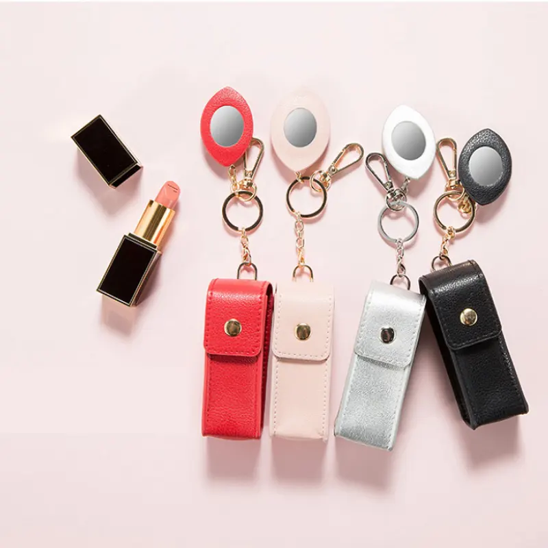 Mini Portable Pu Leather Key Chain Lipstick Storage Pouch With Mirror Cosmetic Bag Keychain Accessories