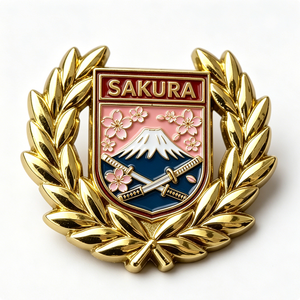 Badge souvenir en métal Sakura Shield plaqué or, émail dur, avec le mont Fuji et des fleurs de cerisier - Product Image 1