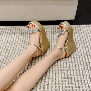 New Hot Selling 2023 Summer Slope Heel Fashion Super High Heel One Piece with Rhinestone <b>Sandals</b> - Product Image 4