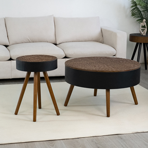 31.5-inch Round Modern Wood Coffee <b>Table</b> with <b>Storage</b> Function Engraved Tabletop for <b>Small</b> Spaces Living Room Furniture - Product Image 6