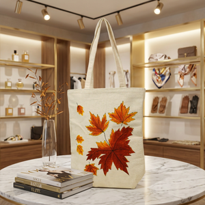 Sac fourre-tout en toile de jute blanc cassé avec feuille d'érable peinte à la main, écologique, pour femme, décontracté, sac à bandoulière pour le shopping, vente en gros - Product Image 6