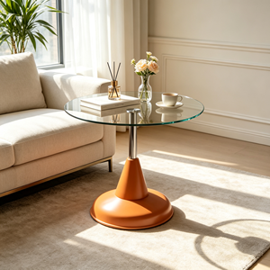 Table basse de luxe en verre trempé rond avec piétement en métal doré et base noire superposée pour salon, table centrale, mobilier d'hôtel - Product Image 1
