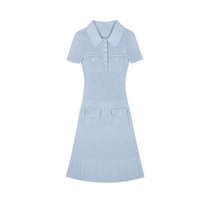 <span class=keywords><strong>Robe</strong></span> élégante pour femme, bleu brume, col polo, manches courtes, tricot côtelé, haute qualité, nouveau <span class=keywords><strong>modèle</strong></span>, printemps/été - Product Image 5