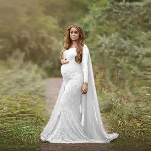 写真撮影用マタニティドレスレースイブニングマキシドレス写真用長袖妊娠中のウェディングドレス