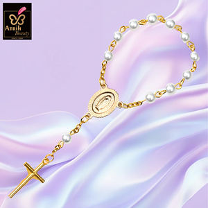 금도금 진주 비즈 로사리오 팔찌 (십자가와 성인 메달 포함) 우아한 종교적 장식 - Product Image 3