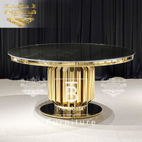 Table de luxe pour repas, mariage, miroir, verre, table ronde en acier inoxydable doré 6 places
