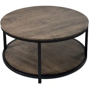 Custom Logo Storage Wooden Round Iron Frame Industrial Coffee Table With Metal Legs