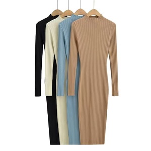 2022 nouveauté tricoté vêtements fournisseurs tricoté col rond personnalisé à manches longues robe femmes côtelé tricoté moulante robe pull - Product Image 1