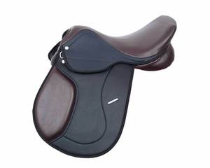 Selle d'équitation anglaise Cosmico Ventures en cuir, avec arceau en bois, marron et noir, ÉCOLOGIQUE, équipement d'équitation confortable - Product Image 1
