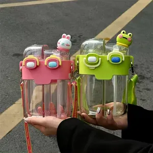 New Straw Plastic Water Bottles Double Drink Cute Double Compartment Water Cup Kids Two Kinds Of Drink Water Bottle For Children