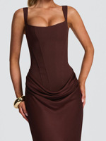 Robe longue de soirée chic décontractée pour femme, col carré, bretelles réglables, dos nu, sexy, à volants superposés, plissée