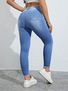 <span class=keywords><strong>Pantalones</strong></span> vaqueros ajustados de mezclilla de cintura alta personalizados para <span class=keywords><strong>mujer</strong></span>, <span class=keywords><strong>pantalones</strong></span> <span class=keywords><strong>colombianos</strong></span> rasgados elásticos, característica desgastada, transpirable, informal, con agujeros sólidos - Product Image 2