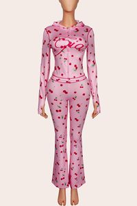 Completo Casual <span class=keywords><strong>da</strong></span> <span class=keywords><strong>Donna</strong></span> in Due Pezzi, Top con Zip e Stampa Ciliegie <span class=keywords><strong>Sexy</strong></span> e Pantaloni a Zampa, <span class=keywords><strong>Abbigliamento</strong></span> Femminile - Product Image 2