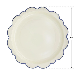 Assiettes à dessert crème bleues à bord festonné, motif pois de jardin, en céramique peinte à la main, pour salade et dessert - Product Image 1