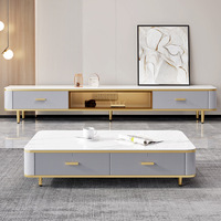 Ensemble Meuble TV et Table Basse Moderne de Luxe en Bois et Marbre, Extensible, avec Tiroirs Carrés Flottants Blancs, Grand Meuble de Salon
