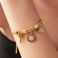 Bracelet cubain tendance en acier inoxydable plaqué or avec zircon, idéal pour femme ou petite amie - Vente en gros
