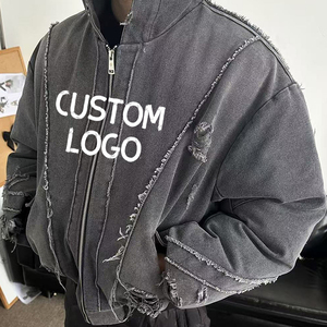 Veste en coton délavé vintage ample pour homme, style streetwear, avec logo personnalisé, design effet usé, fermeture éclair, vente en gros - Product Image 2