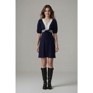 Vestido Corto Azul Marino Vintage Francés para Mujer, Cuello en V, Manga Corta Abullonada, Encaje, Cintura Imperio, Vestido Informal para Té con Lazo - Product Image 1