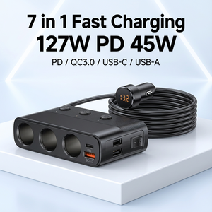 Chargeur de voiture 127W 7-en-1 à charge rapide, 3 ports adaptateurs, 3 USB, 1 PD (Type-C), 1 interrupteur principal, 3 mini-interrupteurs individuels, câble d'extension de 1m - Product Image 1