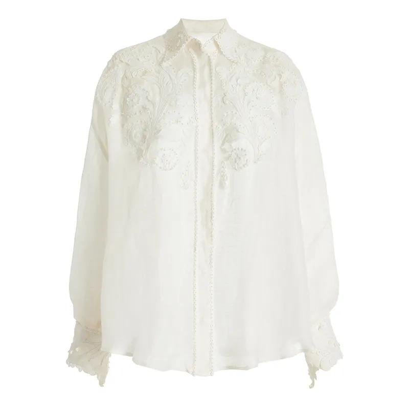 New Women Long Sleeves Sheer Lace Button Down Shirt Blouse Half Transparent Sexy Lace Linen-Silk Lace-Filigree Shirt