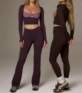 Conjuntos de Mujer, Top Corto con Parches, Pantalones Acampanados, Leggings, Cintura Cruzada en V, Fruncido, Estilo Y2K, Conjunto de Dos Piezas, <span class=keywords><strong>Ropa</strong></span> de Mujer - Product Image 1