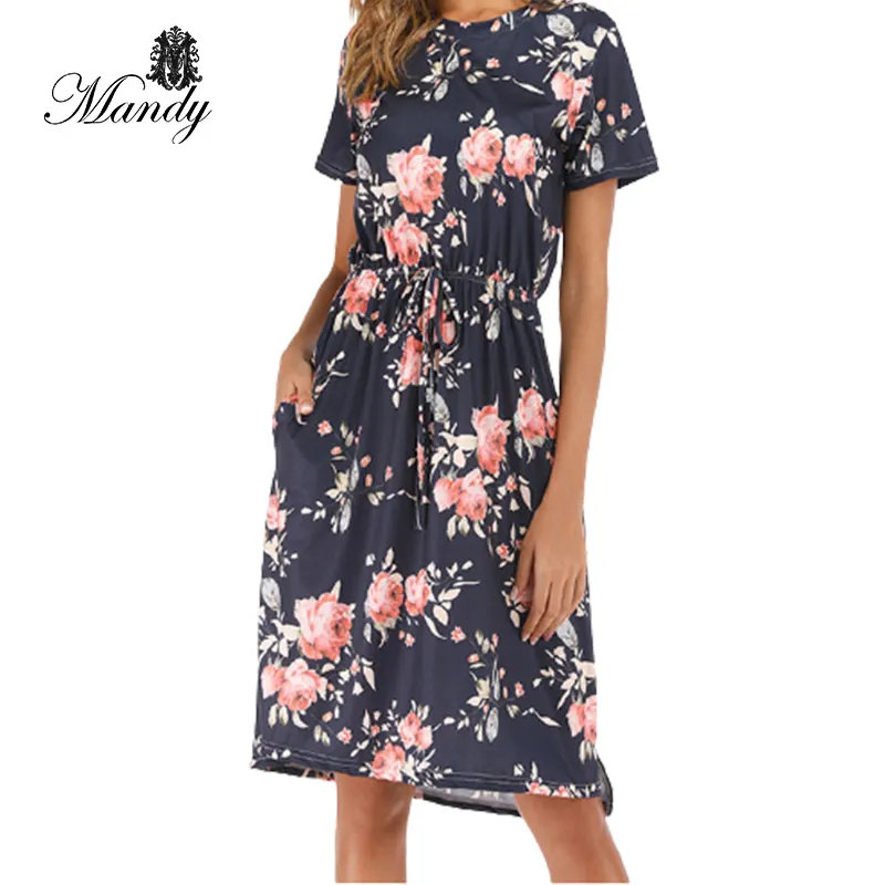 Mandy 2023 floral summer dresses rose printed patterns for knitting ribbed dress