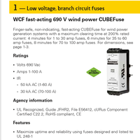 Fusible WCF à action rapide, sans indicateur, sécurisé pour les doigts, pour la production d'énergie éolienne, temps de déclenchement maximal, nominal 1 à 100 A