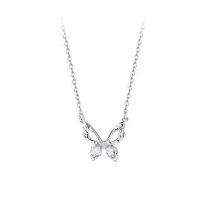 2024 Summer wholesale korean style 925 silver fine jewelry shiny zircon butterfly pendant necklace for girls