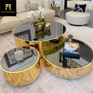Venta caliente de lujo moderno muebles de sala de estar espejo redondo <span class=keywords><strong>mesa</strong></span> de centro superior de cristal con marco de acero inoxidable dorado mate - Product Image 1