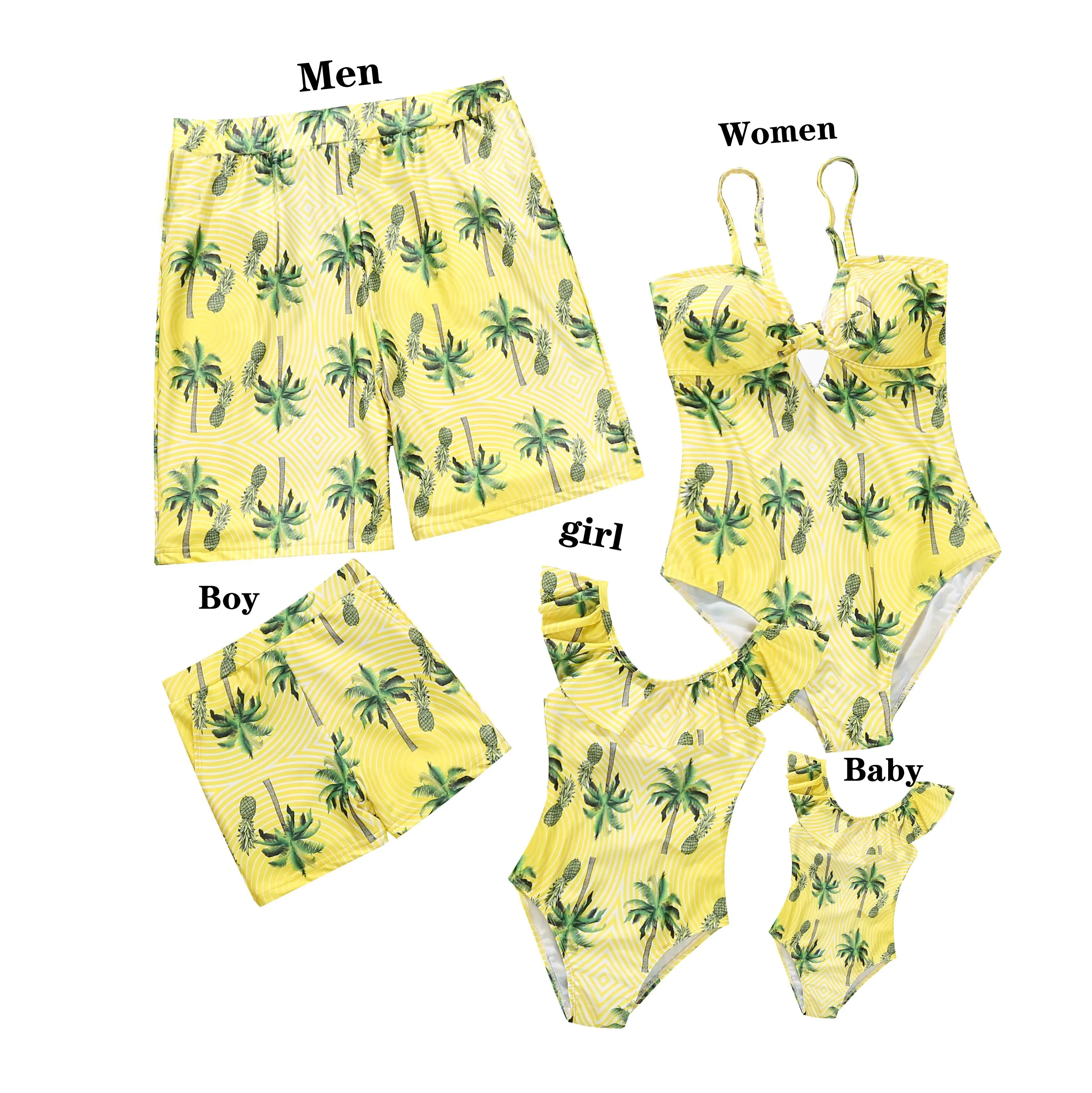 BR2175 Family Matching Yellow Leaf Print Swimsuit one piece Mother Swimwear Mommy And Me Bikini Father Son Swimming Shorts