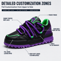 Sneakers unisexes à blocs de couleurs contrastées, semelle plateforme épaisse à motif zigzag, lacets torsadés extra épais, logo personnalisé