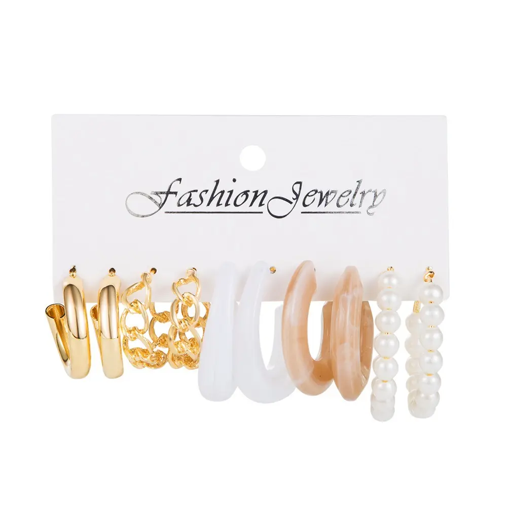 C & J sıcak satmak Trendy altın Metal küpe kadın moda geometrik inci daire hoop küpe Trend moda takı seti düğme küpe