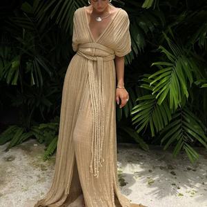 Robe midi plissée pour femme, col montant, taille naturelle, ceintures, respirante, écologique, été, logo frontal - Product Image 2