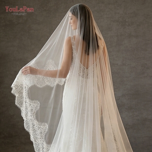 Voile de mariée YouLaPan V323, longueur cathédrale, une couche, bord coupé, fait main, brodé de dentelle, sans peigne, pour cérémonies de mariage - Product Image 4