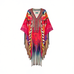 Hdj Copricostume Kimono da Donna, Stampa Boho, con Frange Lunghe, Vestaglia da Spiaggia Taglie Forti, Maxi, Scollo a V, Maniche a Pipistrello, in Poliestere Intrecciato - Product Image 1