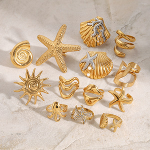 Yueli Ocean Series <b>Ring</b> <b>Set</b> <b>Gold</b> Starfish Shell Octopus Geometric Shape Women's Fashion Jewelry Gift - Product Image 4