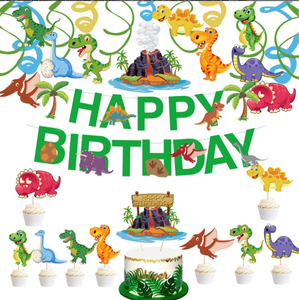 Set Decorazioni per Feste a Tema <span class=keywords><strong>Dinosauri</strong></span>: Bandierine, Topper per Torta, Ornamenti a Spirale per Compleanno Bambini - Product Image 1