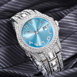 Relógios de luxo masculinos, relógios árabes, azuis, prata de luxo, com números completos, diamante, hip hop, relógio de pulso
